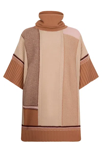 Malo Oversized Sweater With Short Sleeves In Shades Of Beige And Brown. Comfortable And Sophisticated Des In Neutral