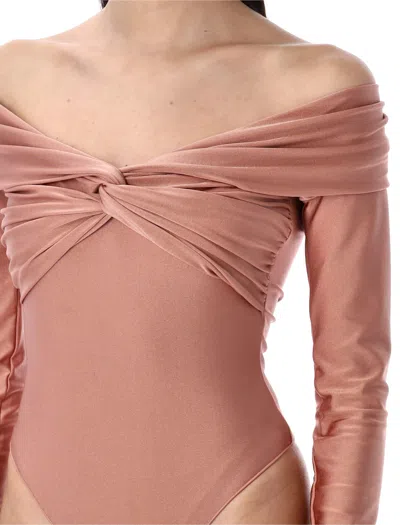 The Andamane Stretch Off-shoulder Draped Bodysuit In Neutral