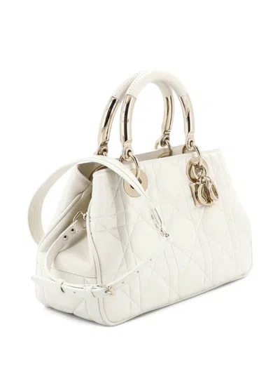 Pre-owned Dior Lady 95.22 Bag Cannage Embossed Leather Medium Tote Bag In White