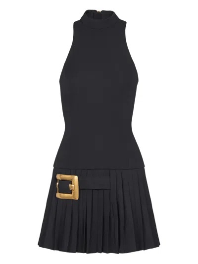 Balmain Pleated Buckle-embellished Dress In Black