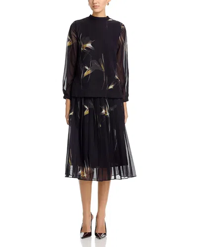 Nancy Yang Printed Long Sleeve Top & Pleated Midi Skirt Set In Black