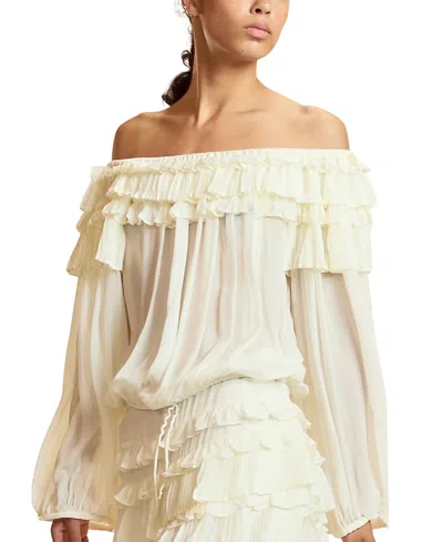 Cynthia Rowley Off Shoulder Ruffle Blouse In Neutral