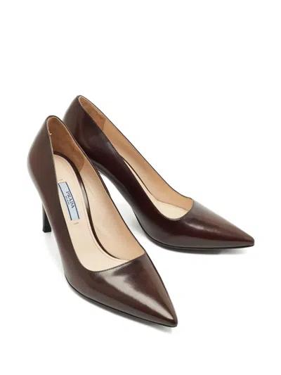 Pre-owned Prada Pointed-toe Leather Pumps In Brown