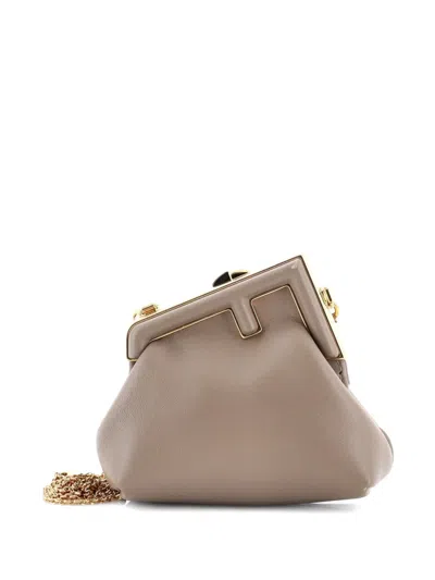 Pre-owned Fendi First Charm Leather Nano Crossbody Bag In Neutral