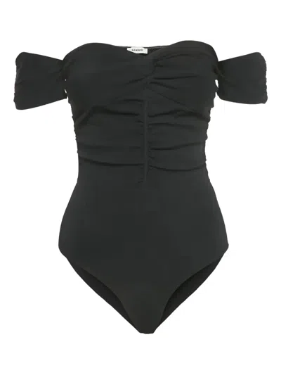 Pre-owned Sandro Ruched Off-the-shoulder Bodysuit In Black