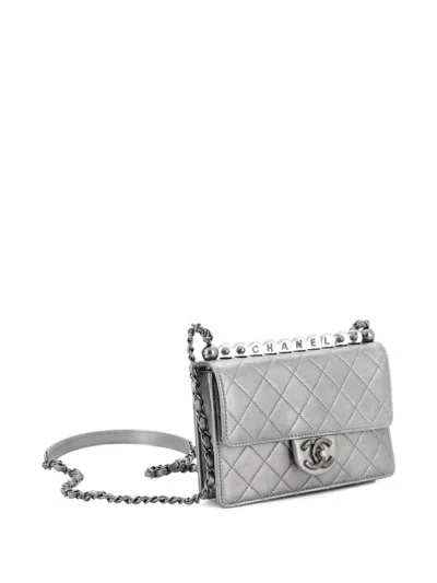 Pre-owned Chanel Chic Pearls Flap Bag Quilted Goatskin With Acrylic Beads Small Shoulder Bag In Silver