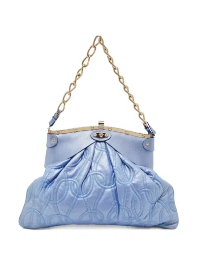 Pre-owned Versace Mirror Frame Leather Gathered Handbag In Blue