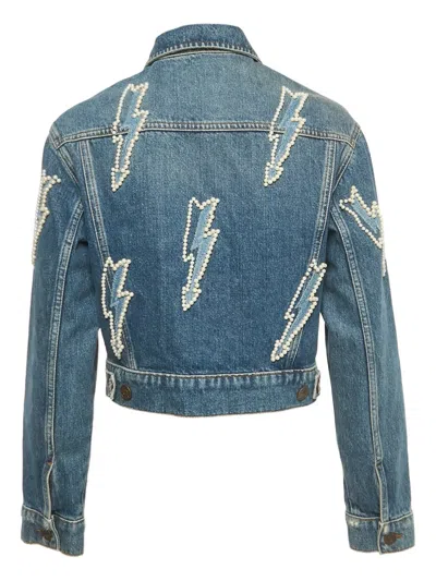 Pre-owned Sandro Lightning Beadwork Denim Jacket In Blue