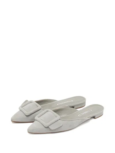 Pre-owned Manolo Blahnik Maysale Buckle Suede Mules In Gray
