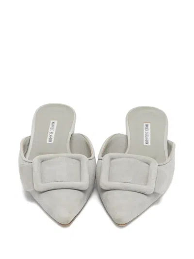 Pre-owned Manolo Blahnik Maysale Buckle Suede Mules In Gray