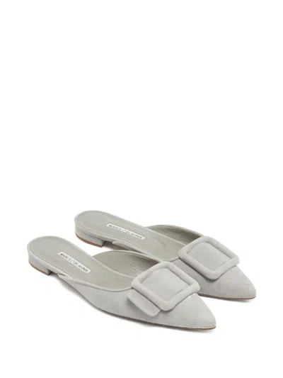 Pre-owned Manolo Blahnik Maysale Buckle Suede Mules In Gray