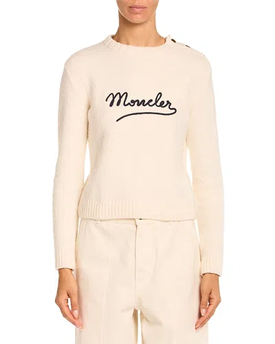 Moncler Embroidered Logo Crop Crewneck Sweater In Neutral