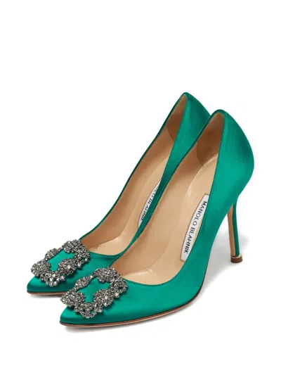 Pre-owned Manolo Blahnik Hangisi Satin Buckle Pumps In Green