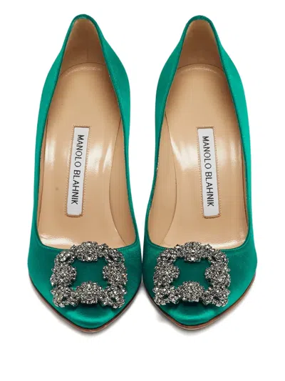 Pre-owned Manolo Blahnik Hangisi Satin Buckle Pumps In Green