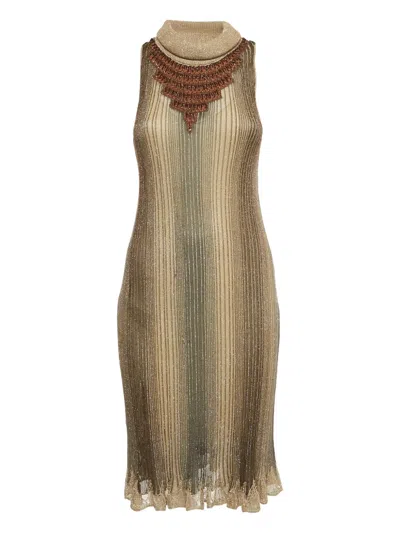 Pre-owned Cavalli Class Knitted Embellished Midi Dress In Gold