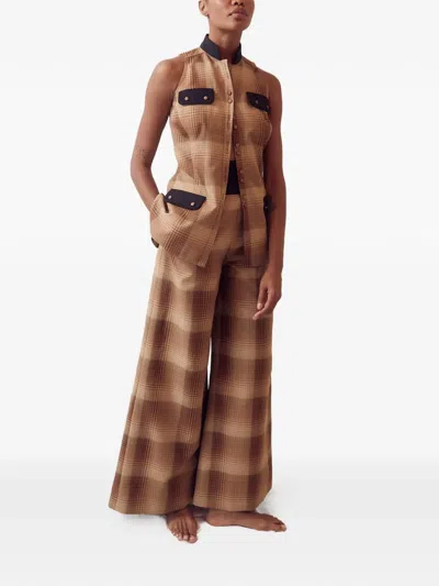 Rosie Assoulin Emotionally Vested Plaid Button Top In Brown