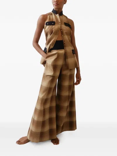 Rosie Assoulin Emotionally Vested Plaid Button Top In Brown