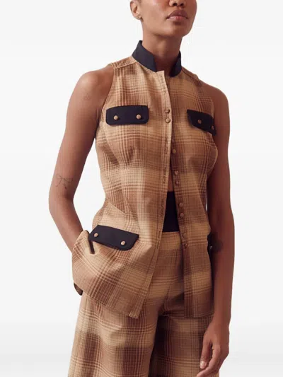 Rosie Assoulin Emotionally Vested Plaid Button Top In Brown