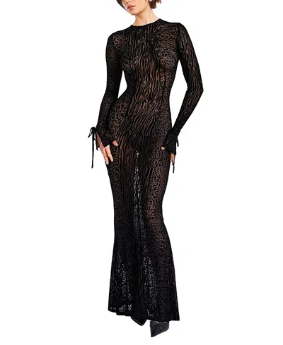 Miss Circle Waylynn Print Burnout Velvet Detail Mesh Maxi Dress In Black