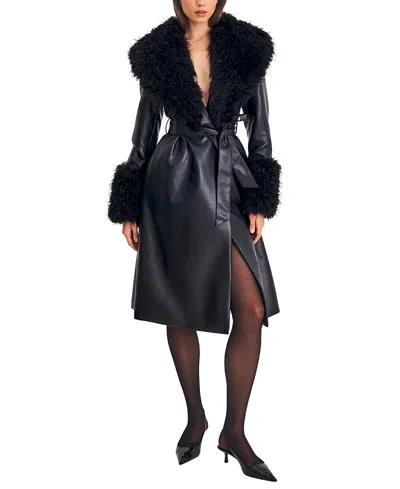 Miss Circle Zariah Faux Fur Trimmed Longline Faux Leather Coat In Black
