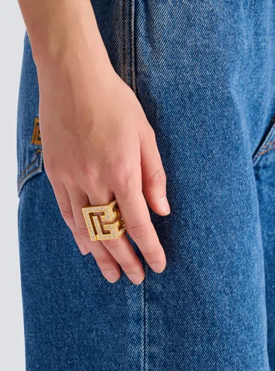 Balmain Pb 3d Rhinestone Cube Ring In Gold