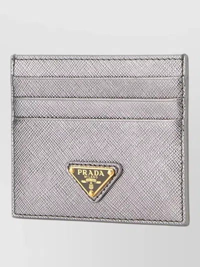Prada Metallic Leather Cardholder Featuring Refined Design In Gray