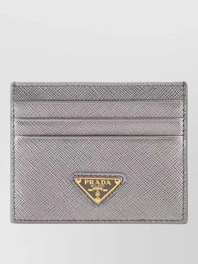 Prada Metallic Leather Cardholder Featuring Refined Design In Gray