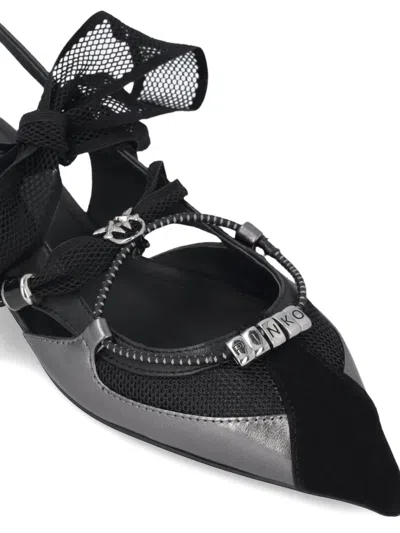Pinko Gianira Black Ballerinas With Pointed Toe And Decorative Ankle Band In Leather And Fabric Blend Woma