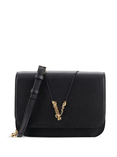 Pre-owned Versace Virtus Chain Flap Shoulder Bag Leather Medium Crossbody Bag In Black