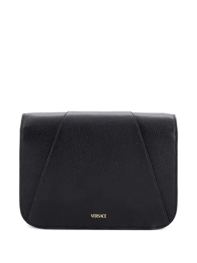 Pre-owned Versace Virtus Chain Flap Shoulder Bag Leather Medium Crossbody Bag In Black