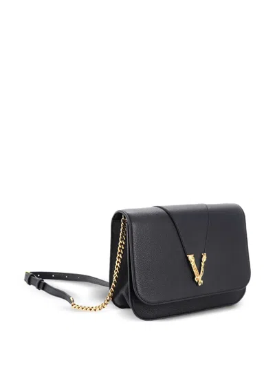 Pre-owned Versace Virtus Chain Flap Shoulder Bag Leather Medium Crossbody Bag In Black