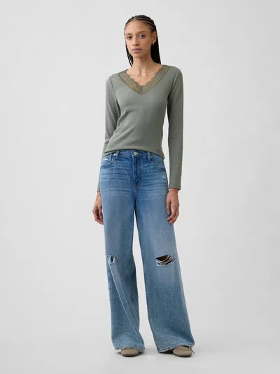 Gap Factory Ribbed Lace-trim Top In Green