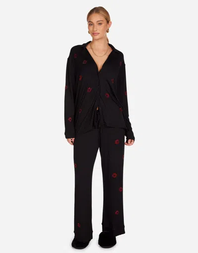 Lauren Moshi Alison Red Crystal Lips Pajama Set In Black