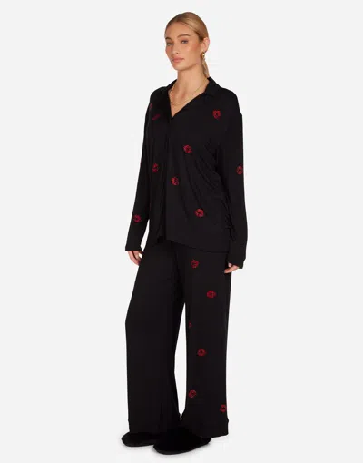 Lauren Moshi Alison Red Crystal Lips Pajama Set In Black