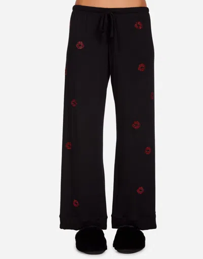 Lauren Moshi Alison Red Crystal Lips Pajama Set In Black