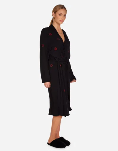 Lauren Moshi Daniela Red Crystal Lips Robe In Black