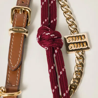 Miu Miu Leather, Cord And Metal Trick Keyring In Gold