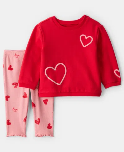 Carter's Baby Girls 2-piece Heart French Terry T-shirt And Pants Set In Red