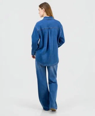 Indigo Rein Juniors Denim Button Up Shirt Wide Leg Jeans In Blue