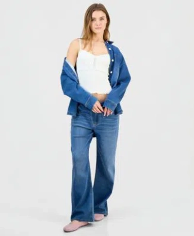 Indigo Rein Juniors Denim Button Up Shirt Wide Leg Jeans In Blue