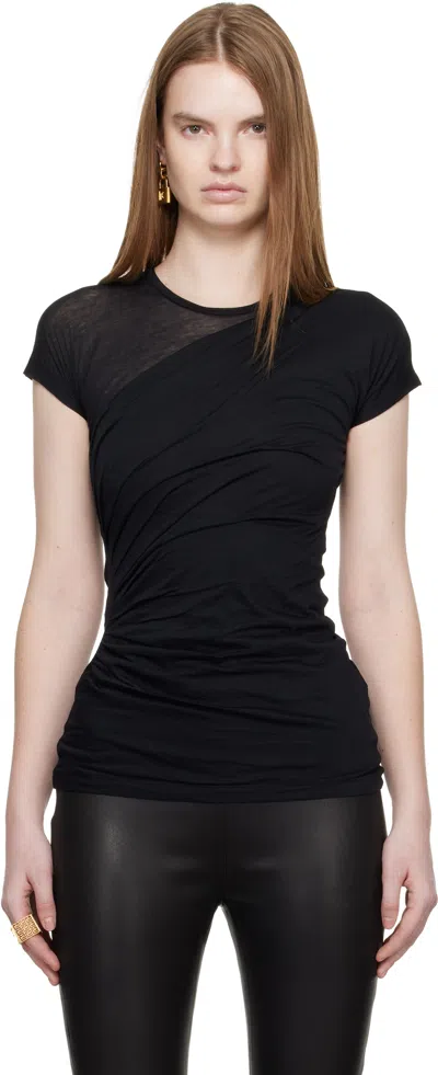 Balmain Black Round Neck Draped Design T-shirt In Black
