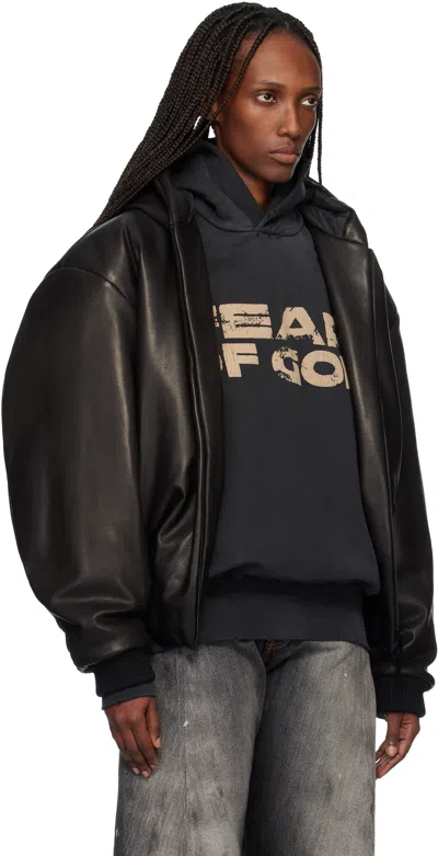 Fear Of God Black Hooded Leather Bomber Jacket In Black