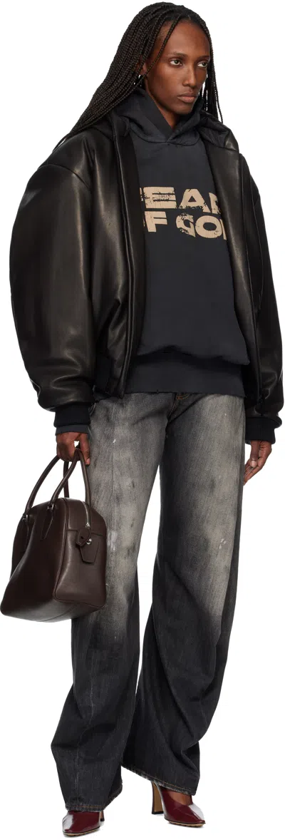 Fear Of God Black Hooded Leather Bomber Jacket In Black