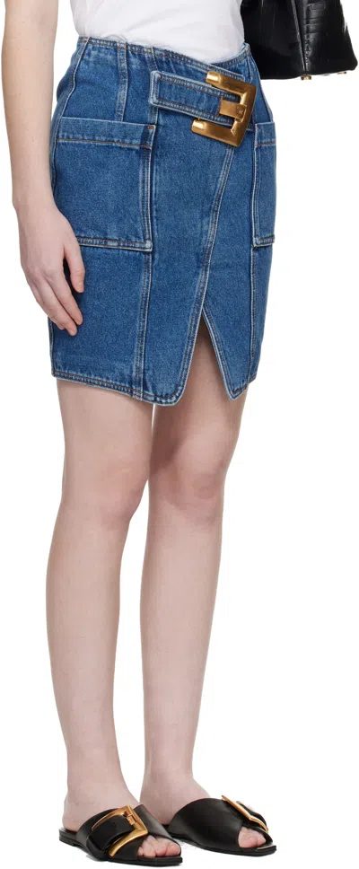 Balmain Blue Short Denim Belt Midi Skirt In Blue