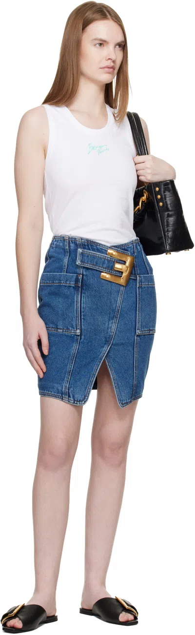 Balmain Blue Short Denim Belt Midi Skirt In Blue