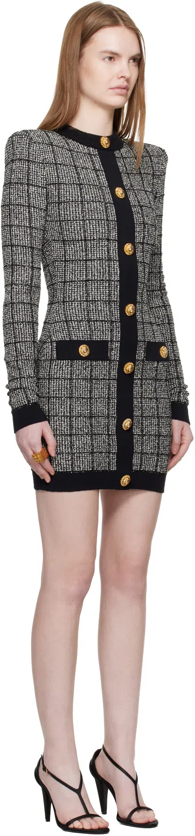 Balmain Black & White Buttoned Light Tweed Minidress In Black
