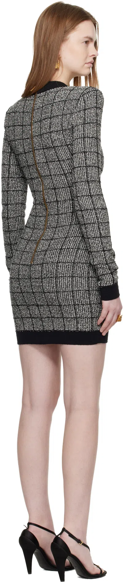 Balmain Black & White Buttoned Light Tweed Minidress In Black
