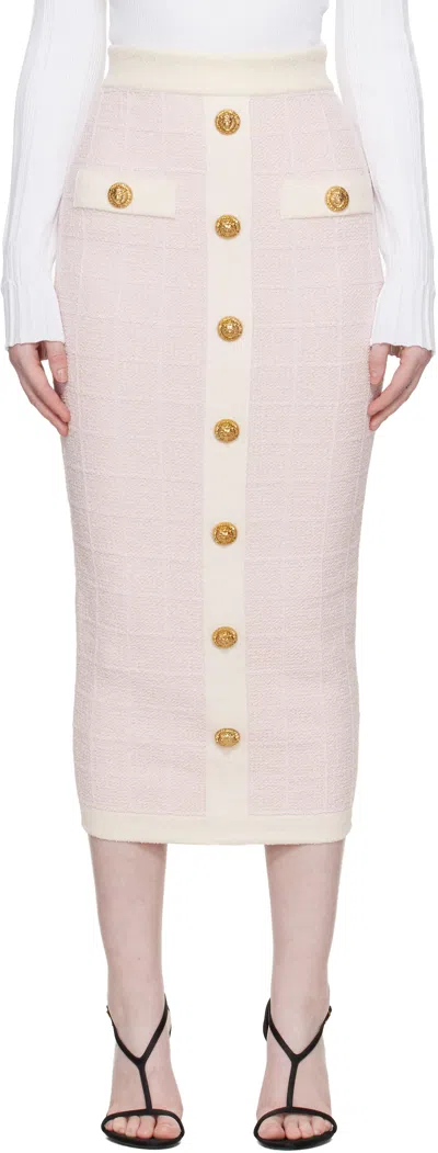 Balmain Pink Buttoned Knit Light Tweed Maxi Skirt In Pink
