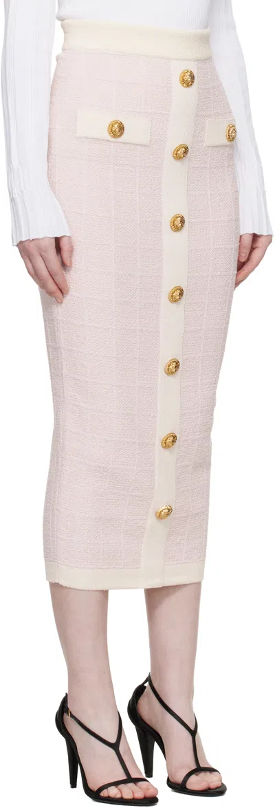 Balmain Pink Buttoned Knit Light Tweed Maxi Skirt In Pink