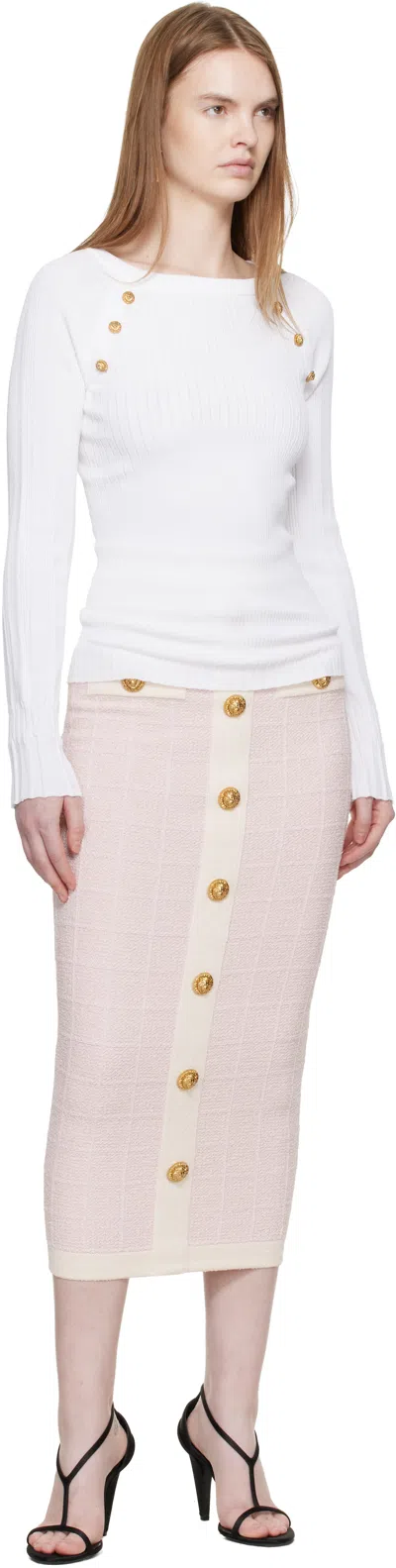 Balmain Pink Buttoned Knit Light Tweed Maxi Skirt In Pink
